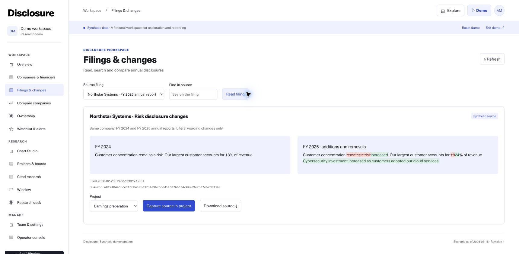 The Disclosure demo comparing risk disclosures across two reporting periods.