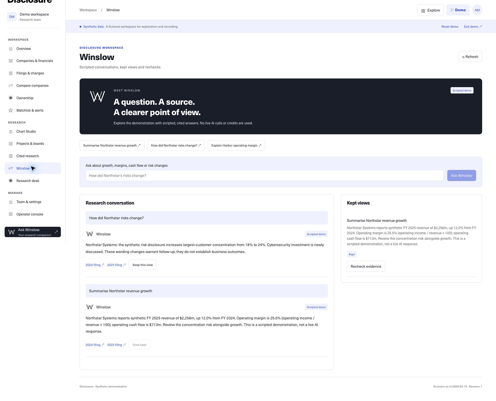 Winslow in the customer portal demo, with source-linked research conversations and saved views.